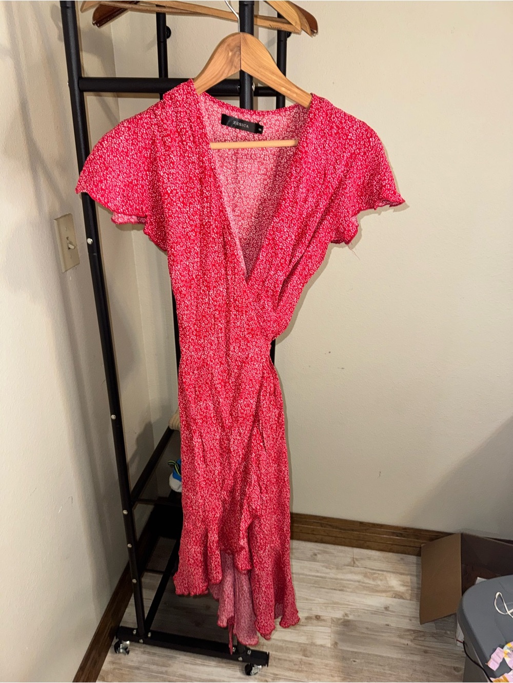 Women’s red Floral Wrap Midi Dress with Ruffle Hem